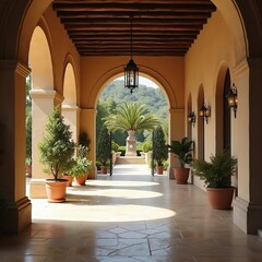 Fototapeta premium A classic Italian villa-inspired wedding mockup with Tuscan arches, elegant stone flooring, and soft ambient lighting for a timeless Mediterranean feel. High-resolution, warm wedding ambiance