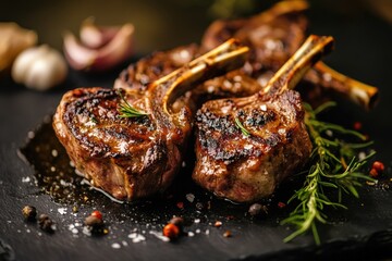 Delicious grilled lamb chops with herbs and seasonings on a board