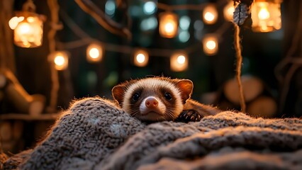 Obraz premium A cute animal with a round face resting on a cozy blanket, surrounded by soft, warm lighting. Concept Cute Animal Photography, Cozy Blanket Setting, Soft Lighting Techniques, Adorable Expressions