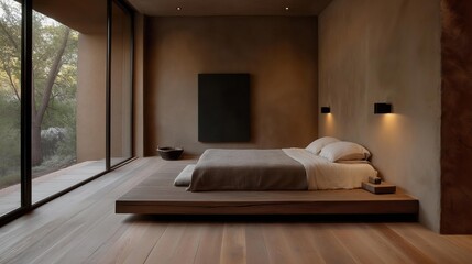 Modern and minimalist bedroom with a large window on the left side. the room has a wooden floor and walls, and the ceiling is made of concrete.