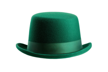 Green felt bowler hat with satin ribbon on black background, cut out