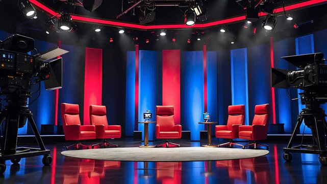 Modern television talk show studio with red armchairs, blue background lighting, cameras, and round interview stage

