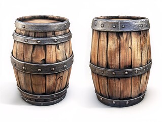Obraz premium Antique Wooden Barrels: A pair of aged wooden barrels with metal bands stand as silent witnesses to eras past. The coarse texture and weathered appearance evoke a sense of heritage and tradition. 