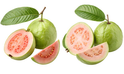 Guava fruit with leaves isolated, Fresh fruits collection, Collection set of whole and half pink guava with leaf isolated