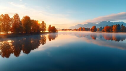 Fototapeta premium A serene lake reflecting autumn trees and mountains, with a colorful sunrise illuminating the landscape. Concept Autumn Reflections, Serene Lake, Colorful Sunrise, Mountain Landscape