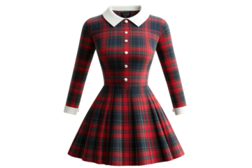 A Charming Vintage-inspired Red And Navy Plaid Dress, Perfect For A Festive Occasion Or A Romantic Date, Featuring A Classic Peter Pan Collar And Playful Pleated Skirt Against A Clean Isolated on Tran