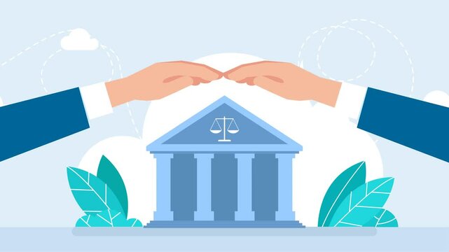 Two Hands built a roof over the courthouse as protection from external influence. Concept of law justice. Law, crime and justice. State institutions. Jurisprudence, civil law. 2d flat animation
