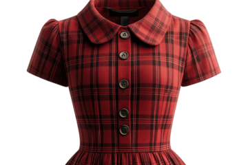 A Charming Vintage-inspired Red Plaid Dress With A Peter Pan Collar And Short Puff Sleeves, Showcasing A Classic And Timeless Design Isolated on Transparent Background