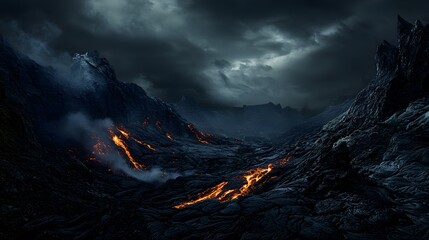 A dramatic volcanic landscape with glowing lava flows contrasting against a dark, brooding sky.