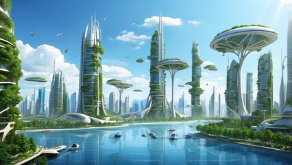 Naklejka premium A floating island featuring a modern cityscape with skyscrapers of varying shapes and heights.