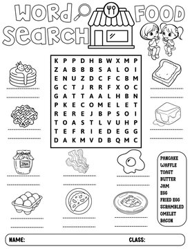 Word Search Food and Vegetables Worksheets,Engaging food-themed word search puzzle for kids and adults.