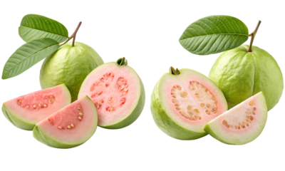 Guava fruit with leaves isolated, Fresh fruits collection, Collection set of whole and half pink guava with leaf isolated