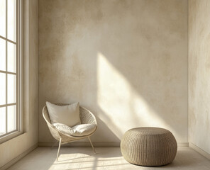 a cozy, modern corner with a single cream chair, a round wicker ottoman, and a subtle textured beige wall for warmth