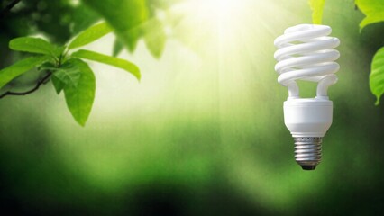 A compact fluorescent light bulb against a backdrop of green leaves, illuminated by sunlight, representing eco-conscious energy solutions and promoting environmental sustainability
