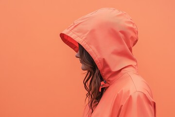 A person wearing an orange hooded jacket poses in profile