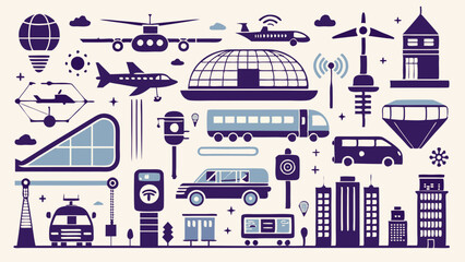 AI Generated vector urban infrastructure and transport icon set including airplane, train, bicycle, bus stop, gas pump, buildings, solar panel, bridge, and traffic light for city design themes