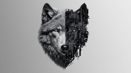A wolf head split into natural and robotic halves.