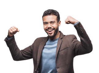 Handsome smiling young man showing strength isolated transparent PNG, powerful laughing joyful businessman studio portrait, successful business people concept