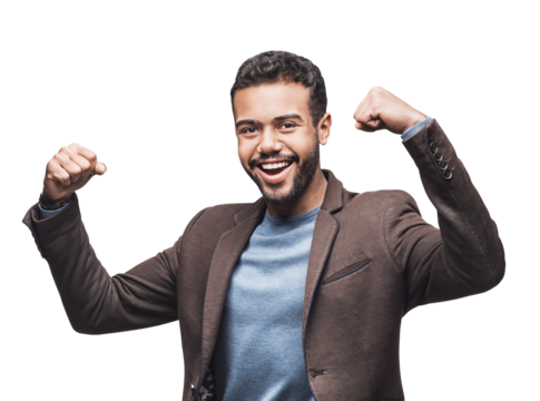 Handsome smiling young man showing strength isolated transparent PNG, powerful laughing joyful businessman studio portrait, successful business people concept