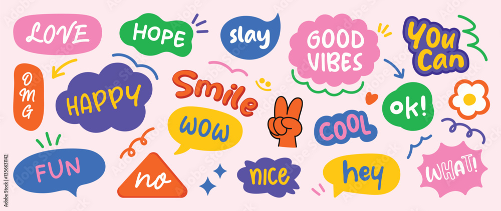 Fototapete set of doodle and speech bubble vector. collection of contemporary figure, speech bubble with text g