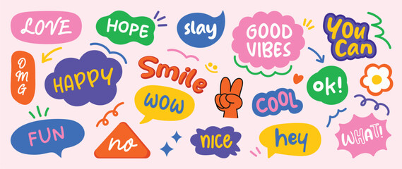 Set of doodle and speech bubble vector. Collection of contemporary figure, speech bubble with text good vibes, happy, love, cool. Chat design element for banner, print, sticker.