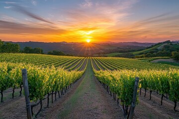 Fototapeta premium Vineyard rows stretch toward a bright sunset over rolling hills and a colorful sky landscape