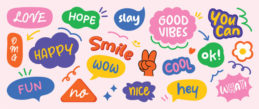 Set of doodle and speech bubble vector. Collection of contemporary figure, speech bubble with text good vibes, happy, love, cool. Chat design element for banner, print, sticker.