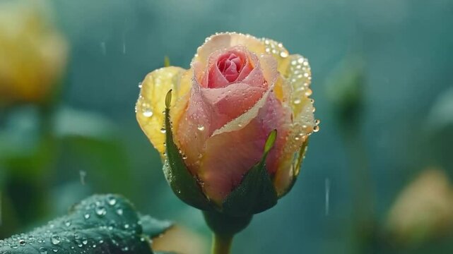 Close-up of a blooming rose with droplets glistening in the rain

