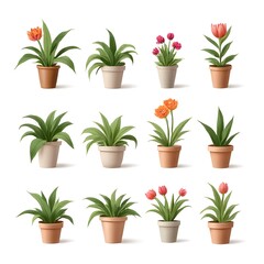 Fototapeta premium A vibrant collection of potted plants, showcasing diverse blooms and lush greenery in terracotta and neutral pots, radiating spring freshness.