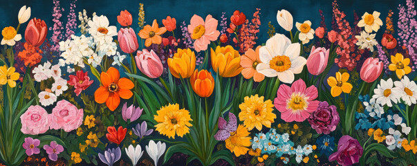 Vibrant blooming flower garden with diverse colorful spring blossoms. Oil painting