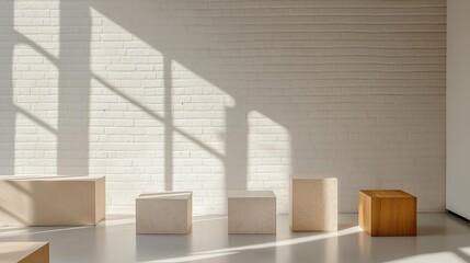 Empty room with a white brick wall and a wooden floor. on the floor, there are six wooden cubes arranged in a row.