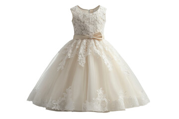 A Little Girls Elegant Champagne Tulle Dress, Delicately Adorned With Exquisite Lace Appliqus And A Charming Satin Bow, Perfect For A Special Occasion Isolated on Transparent Background