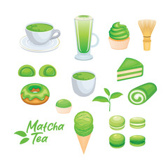 Matcha tea food and drink icon set vector. Matcha tea icons isolated on a white background. Matcha green tea, latte, donut, cake, sweets, whisk graphic design element. Matcha tea products drawing