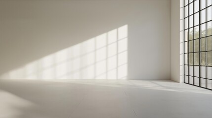 Empty room with a large window on the right side. the room has a white floor and walls, and the window is made up of large, rectangular panels that are arranged in a grid-like pattern.