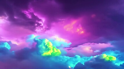 Beneath a magenta and violet sky, puffy, light-blue clouds float in the vibrant atmosphere, creating dreamlike otherworldly vision, neon - Powered by Adobe