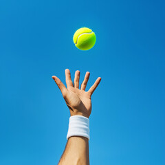 A tennis ball is in the air, and a hand is reaching up to catch it