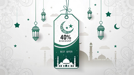Forty percent discount tag with islamic design elements and building silhouettes on a white background