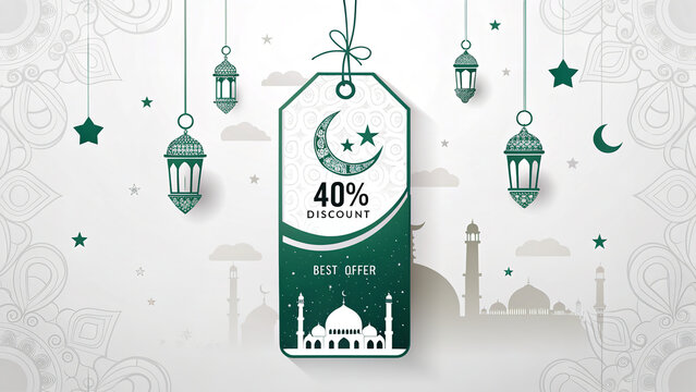Forty percent discount tag with islamic design elements and building silhouettes on a white background