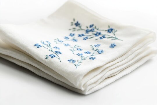 Delicate white fabric handkerchief embroidered with small blue flowers.