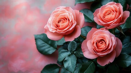 Obraz premium Flat lay of pink roses on a pastel background with copy space for text or design. Flat lay of Valentine's Day flowers, top view. 