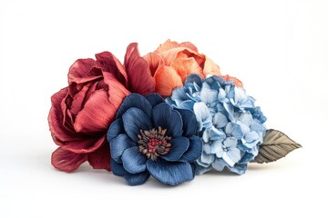 Obraz premium Intricate silk thread embroidery creates a stunning bouquet of roses, hydrangeas, and anemones in varying shades of blue and red.