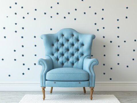 Serene interior with light blue armchair against white wall adorned with navy star decals in cozy room