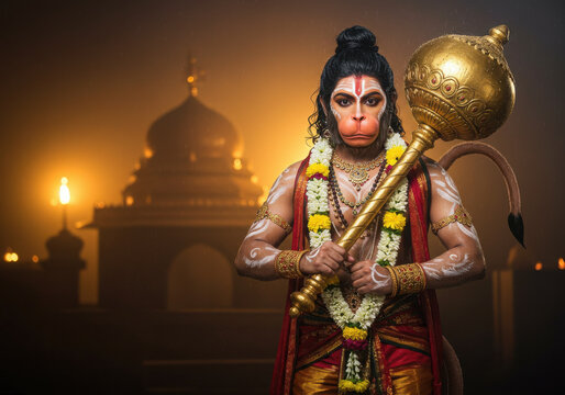 Portrait of Lord Hanuman holding gada with temple background. Indian cultural symbolism Hanuman jayanti festival concept.