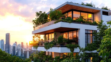 Urban sunset glow modern green building embraced by nature in vibrant cityscape