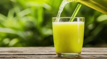 A refreshing green drink being poured into a glass, set against a lush, vibrant background of greenery.