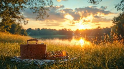 Sunset picnic basket by lakeside, summer meadow