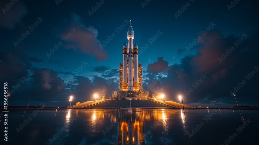 Poster a powerful rocket is positioned on a launch pad, illuminated by bright lights against a deep blue ni
