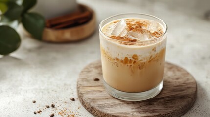 A refreshing iced coffee drink served in a glass, garnished with a sprinkle of spice and ice cubes, placed on a wooden coaster.
