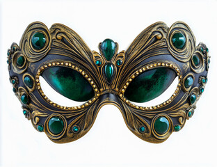An elegant dark green and gold mask adorned with shimmering emerald gemstones on the sides, intricately designed and isolated on a serene white background.