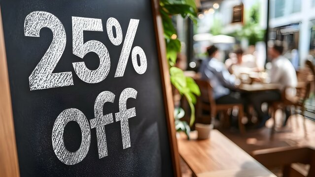 A chalkboard sign displaying 25% Off with a blurred background of people dining. Concept Chalkboard Sign Design, Restaurant Promotions, Blurred Background Effects, Dining Atmosphere